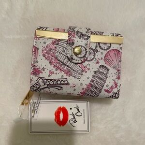 NWT Women’s Italy Greece Graphic Floral Gold Clasp & Card Holder Mini Zip Wallet